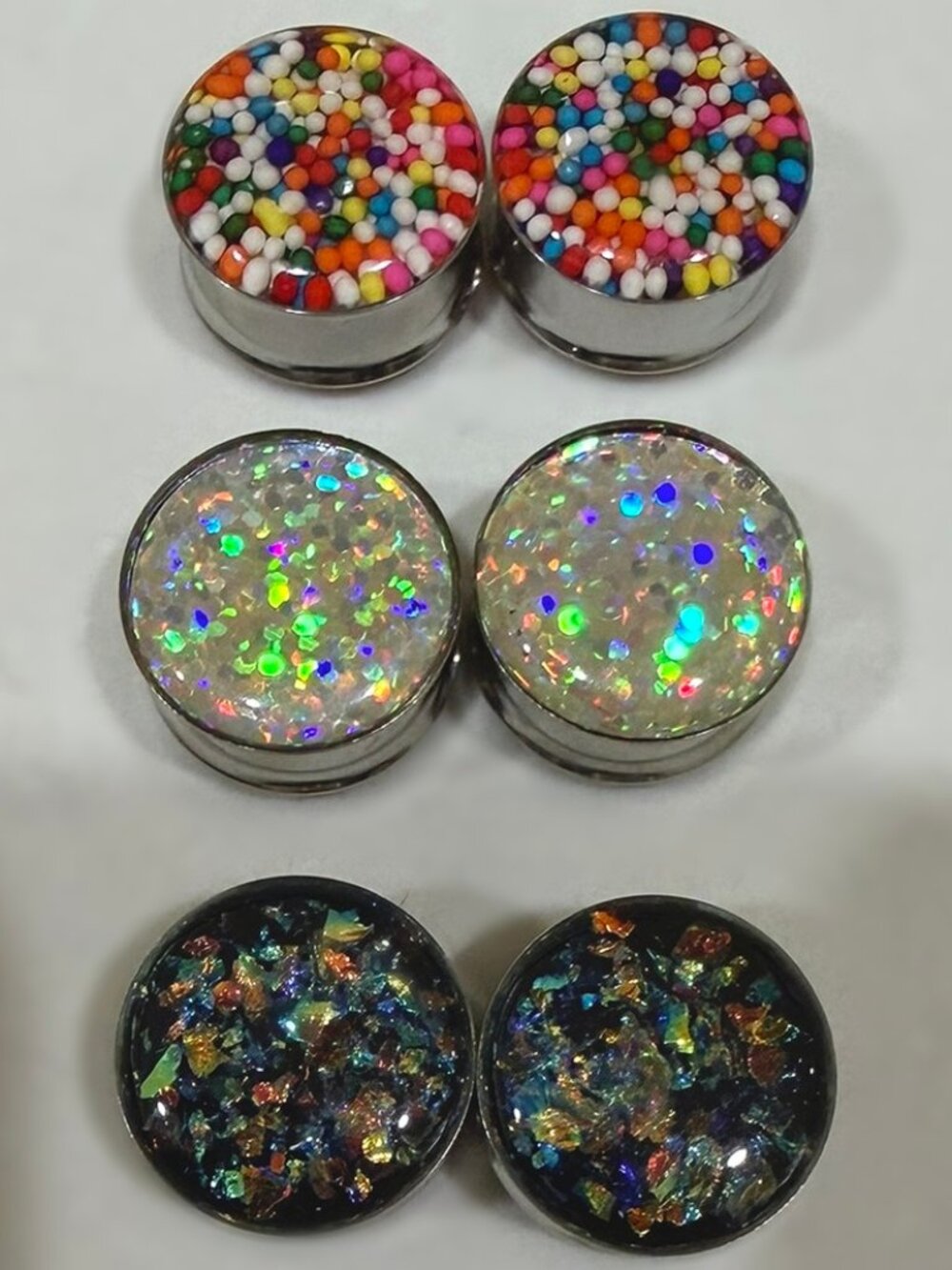 Set of 3/4" 19mm Sprinkle & Sparkle Resin Plugs in Steel by Mystic Metals (DF)